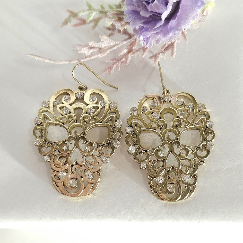 Gold Plated Filigree & Crystal Scroll Design Dangle Earrings Heavy Earrings